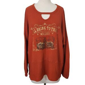 Cato Whiskey Print Waffle Knit Shirt Top Stretch Comfy Casual Orange No Size Tag